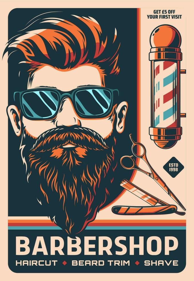 Barbershop retro poster, barber shop pole vector