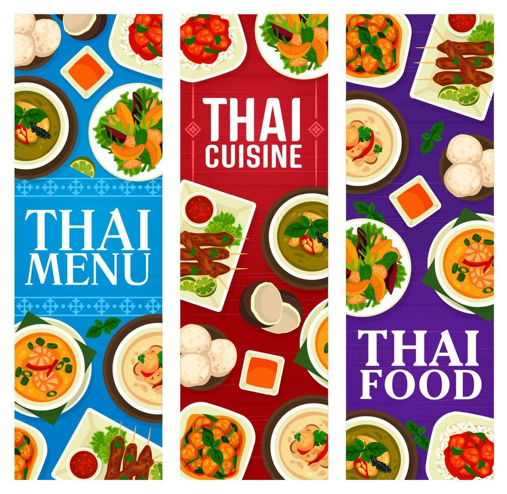 Thai cuisine food traditional dishes, meal banners vector