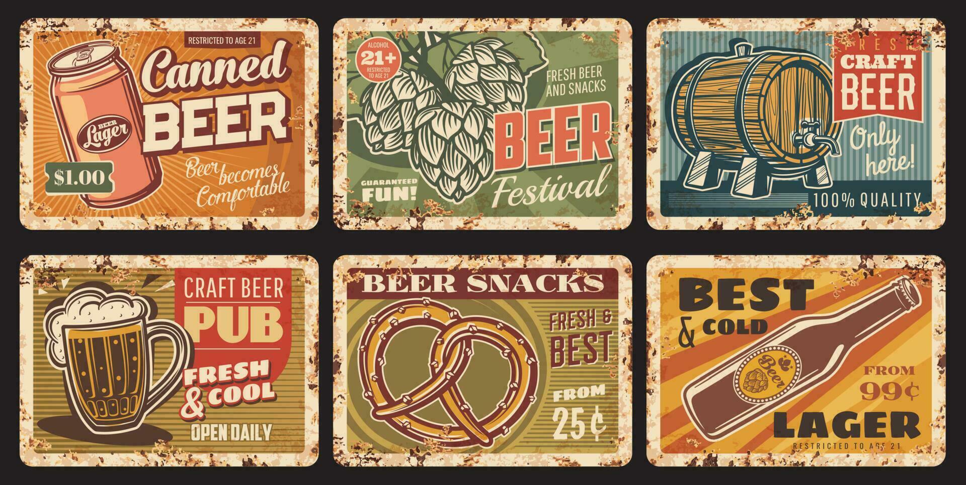Beer and snacks rusty metal plates, rust signs set vector