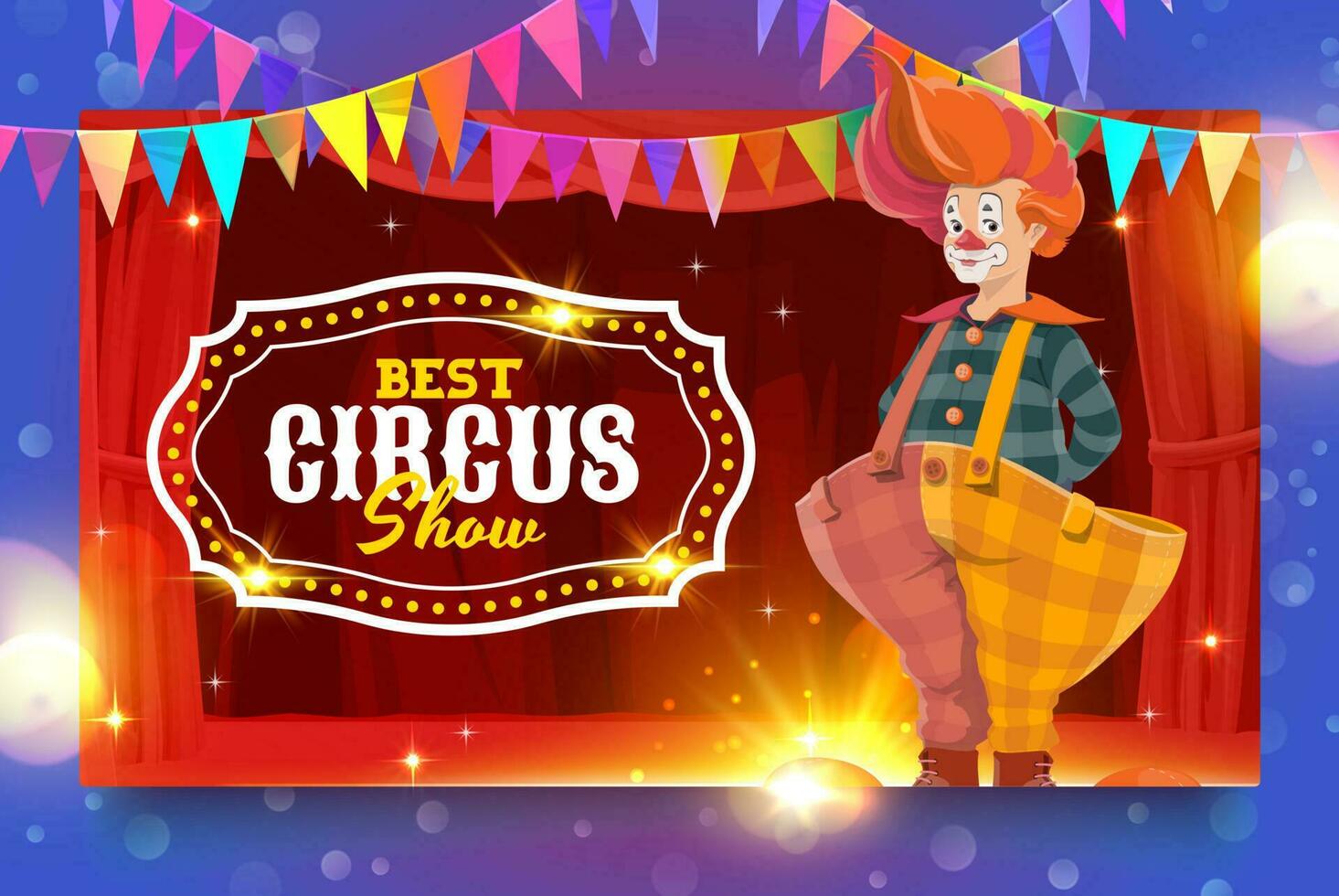 Shapito circus cartoon clown in trousers on stage vector