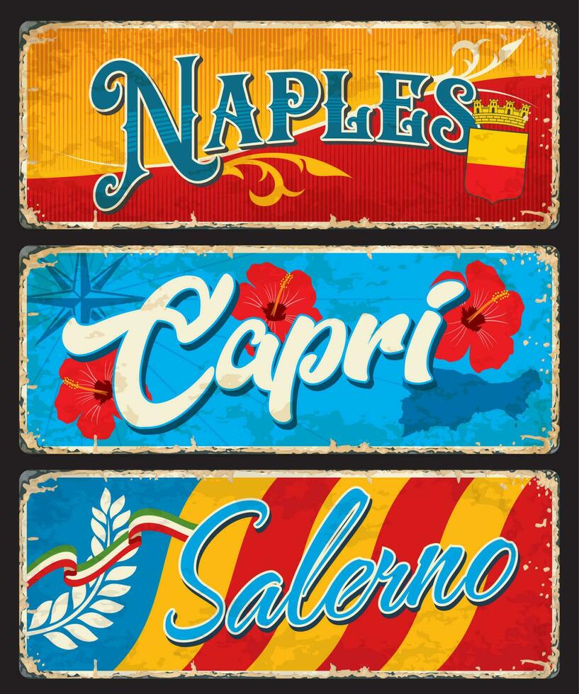 Naples, Salerno cities and Capri island tin sings vector