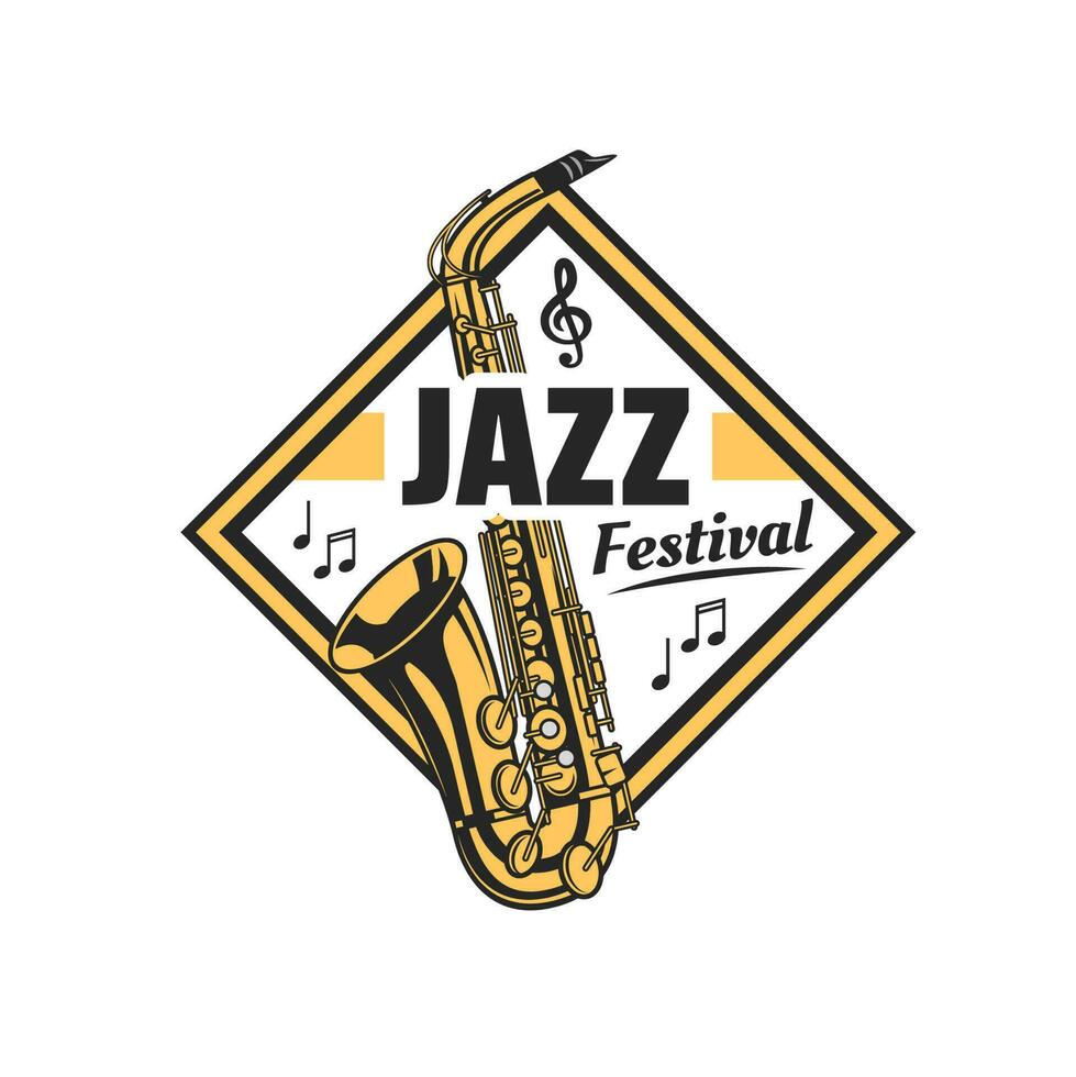 jazz festival icono, saxofón y música notas vector
