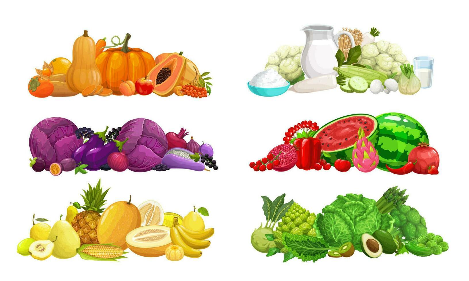 Fruits, vegetables and nuts meals of rainbow diet vector