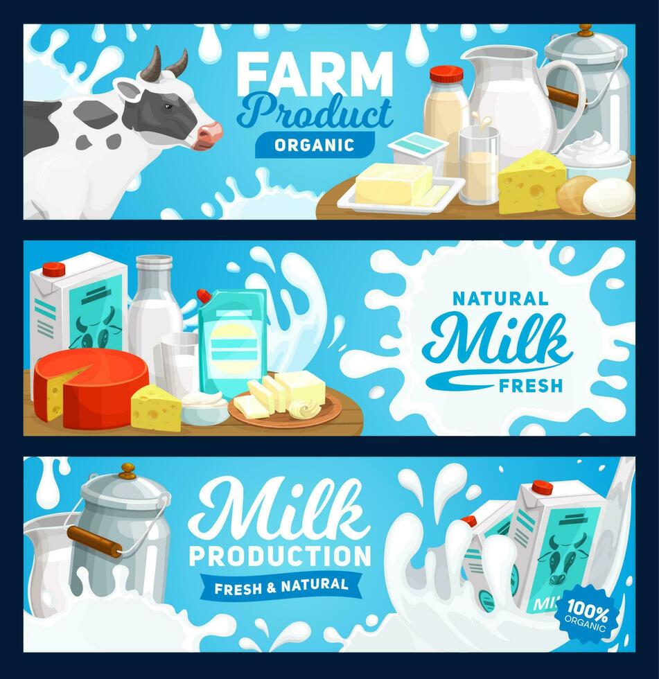 Dairy milk product banners, farm food cheese vector