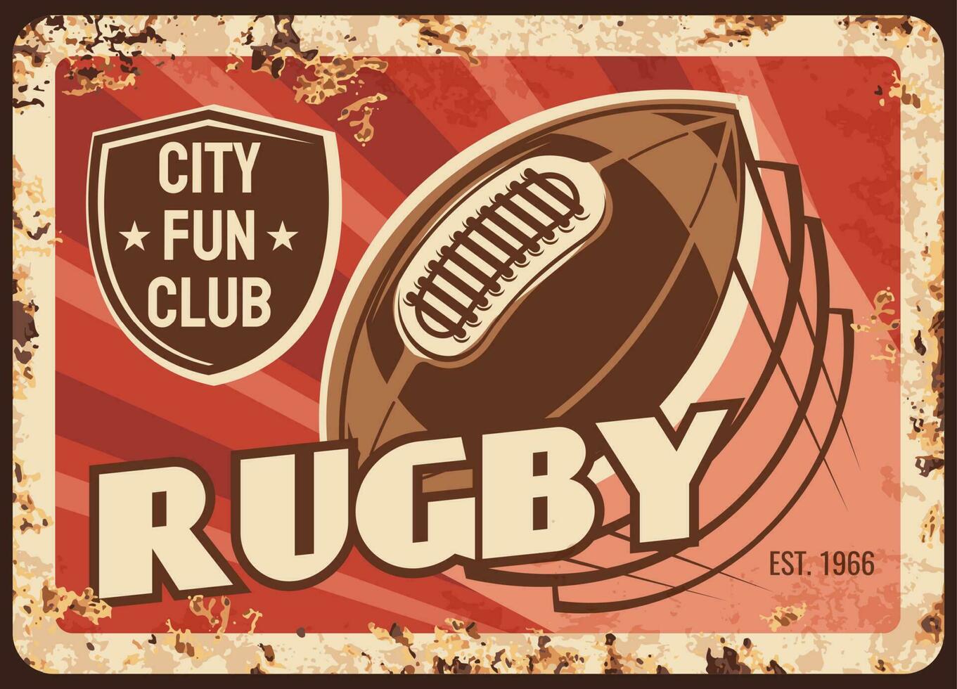 Rugby rusty metal plate, vector vintage card.
