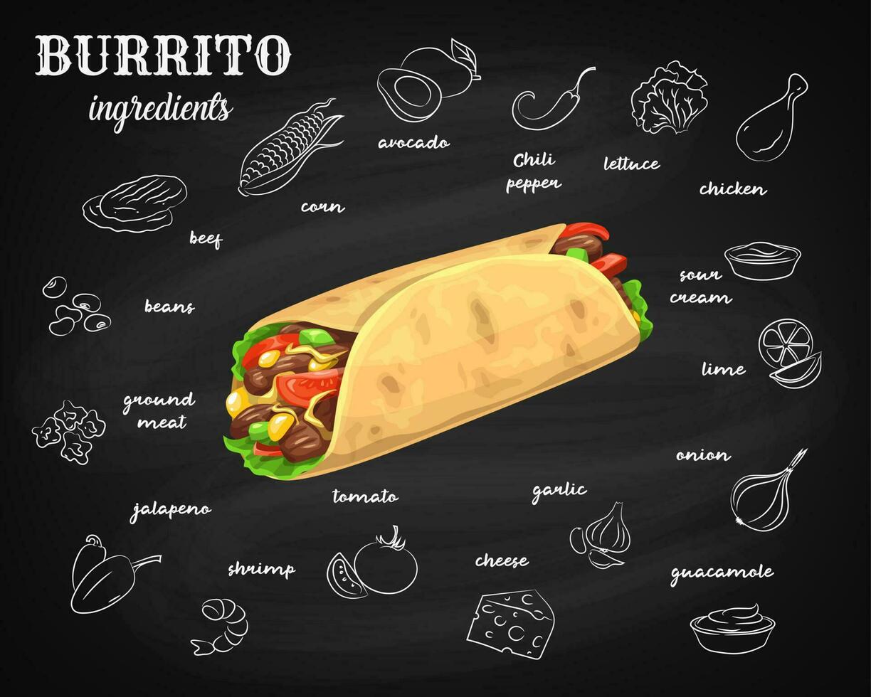 burrito ingredientes, pizarra menú rápido comida vector