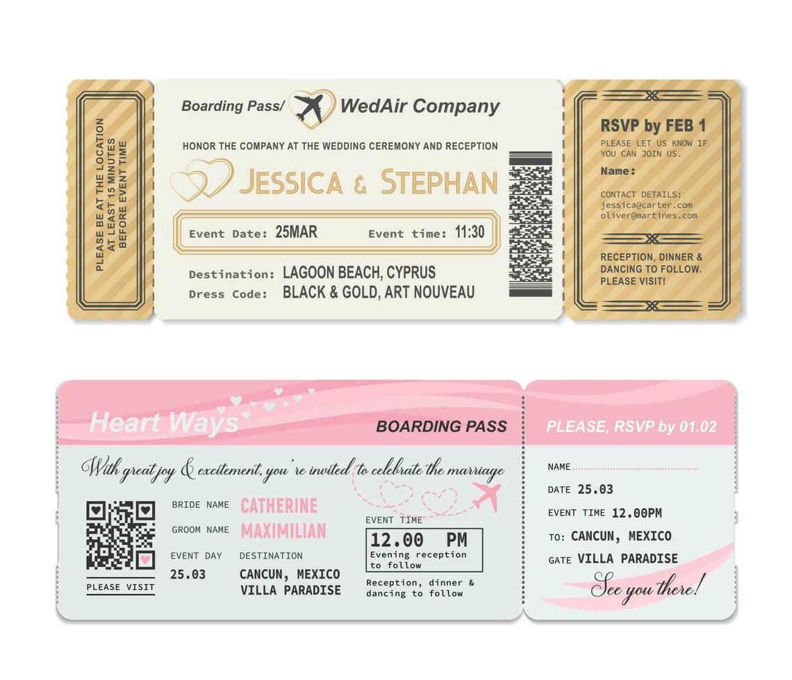 Wedding invitation, boarding pass ticket template vector