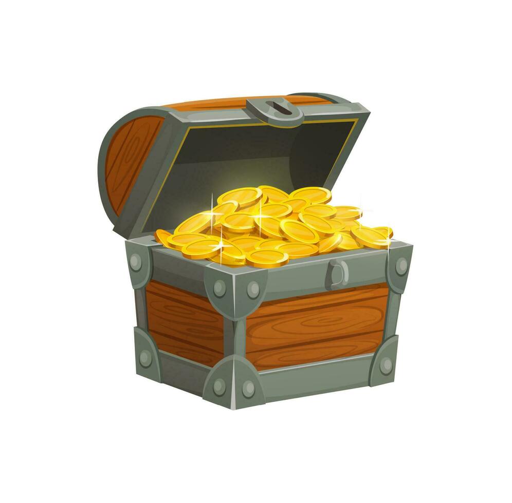 Cartoon pirate treasure chest with golden coins vector