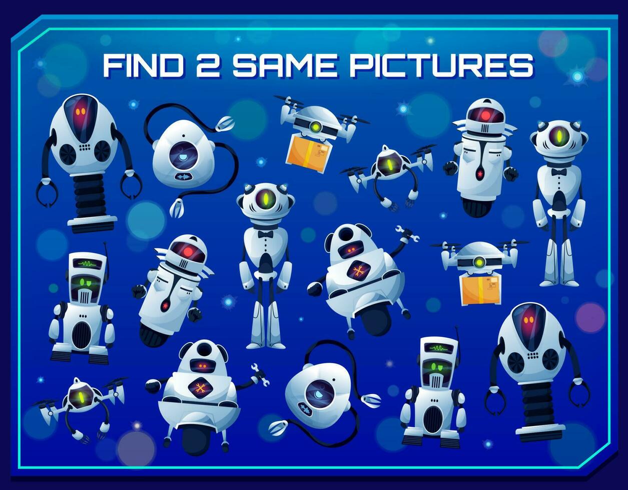 Find two same robots, kids game, education puzzle vector