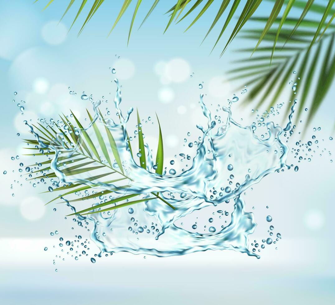 Clean water splash and palm leaves background vector