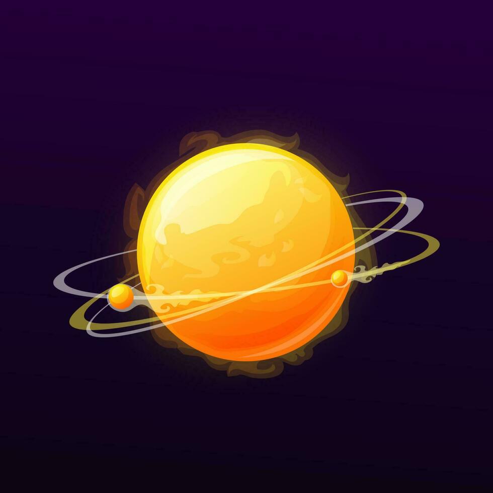 Hot planet with rings and satellites, sun icon vector