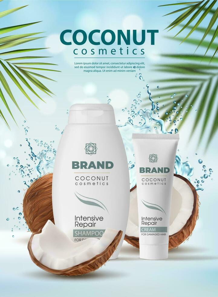 Coconut cosmetics, shampoo and cream packaging vector