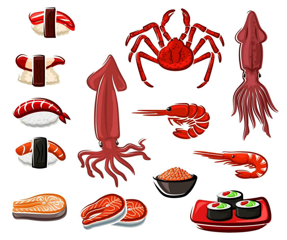 Seafood vector sushi and rolls, japanese sea food