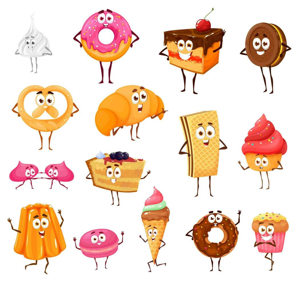 dibujos animados dulces y panadería gracioso caracteres conjunto vector