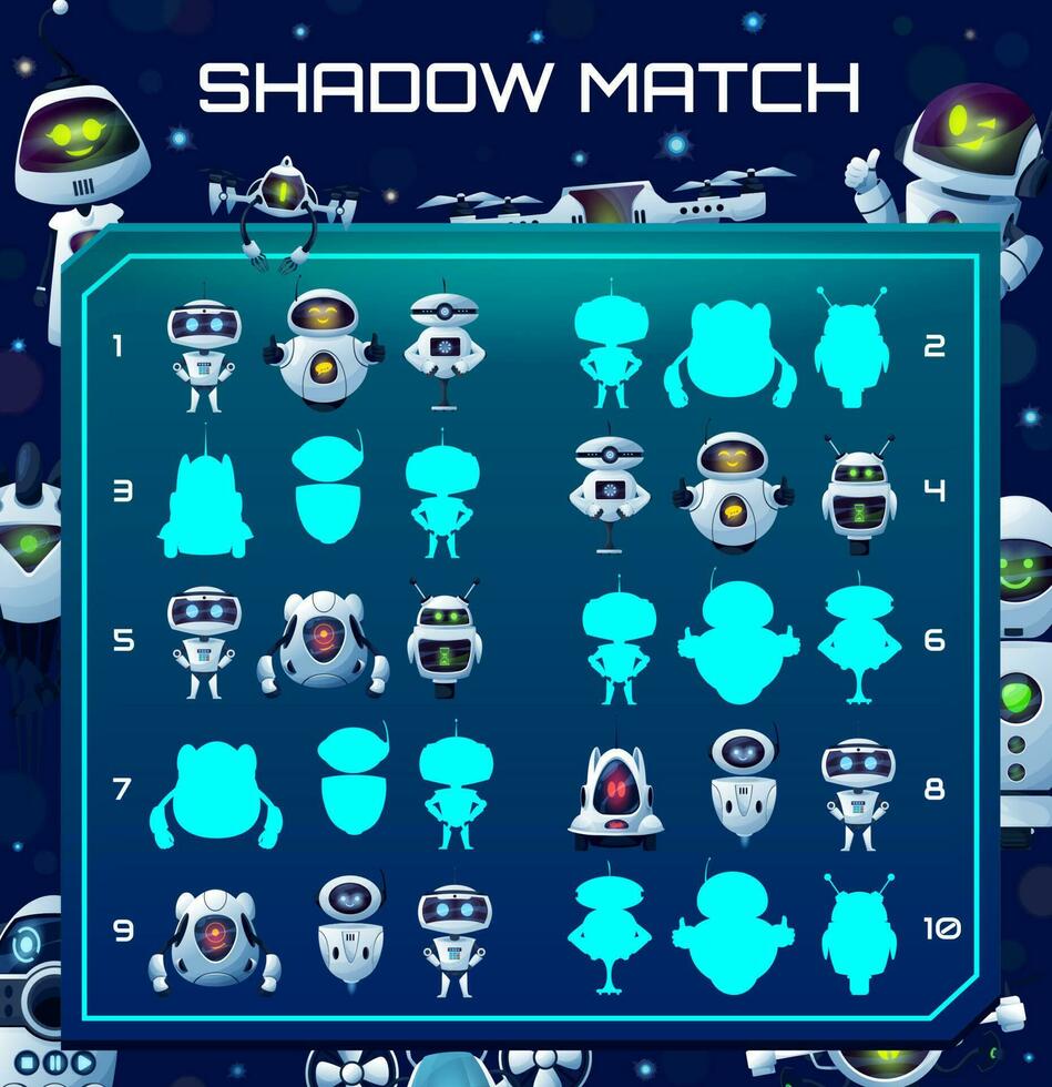 Robots shadow match kids game with cartoon cyborgs vector