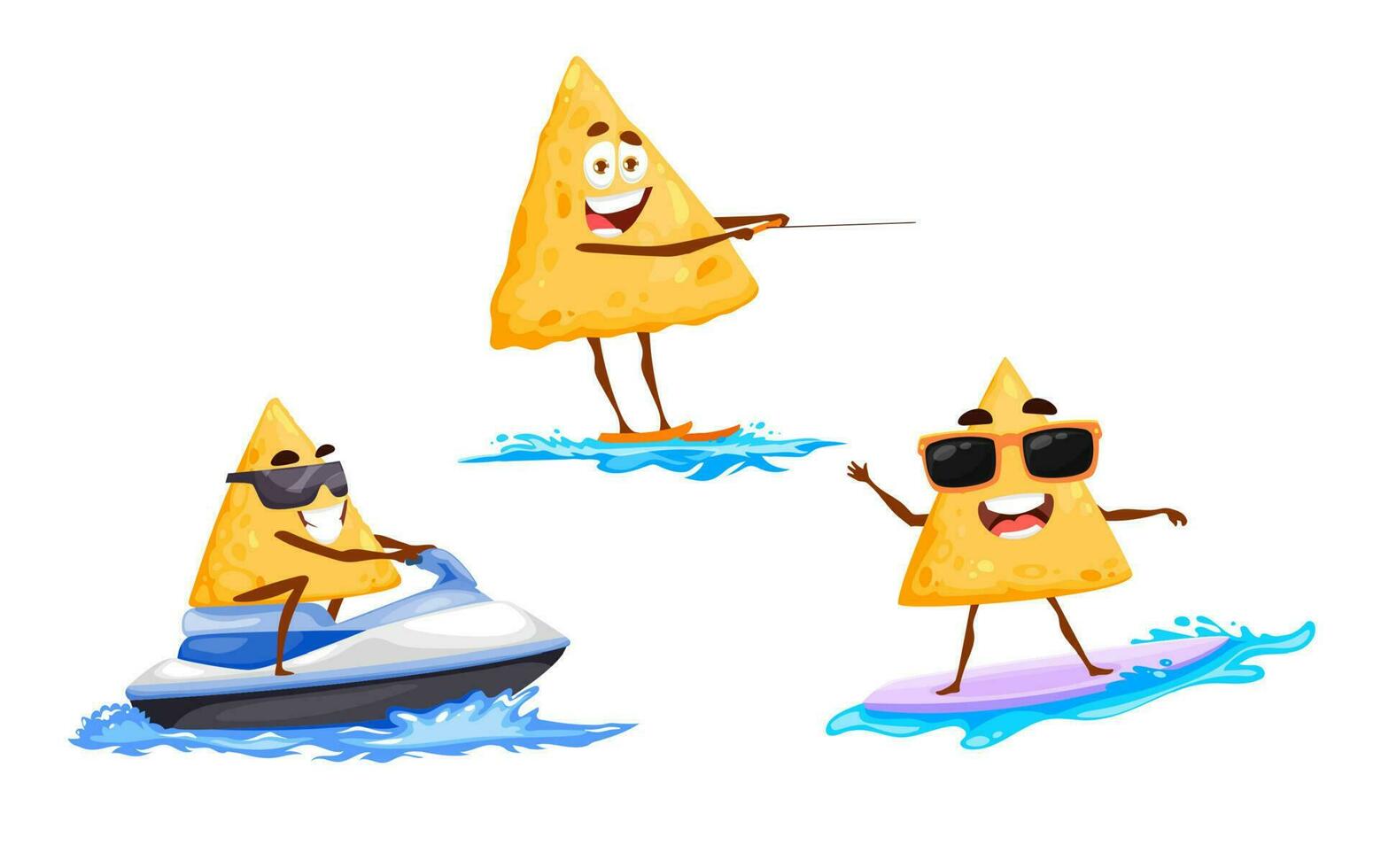 Mexican nachos chips riding on jet ski, wakeboard vector