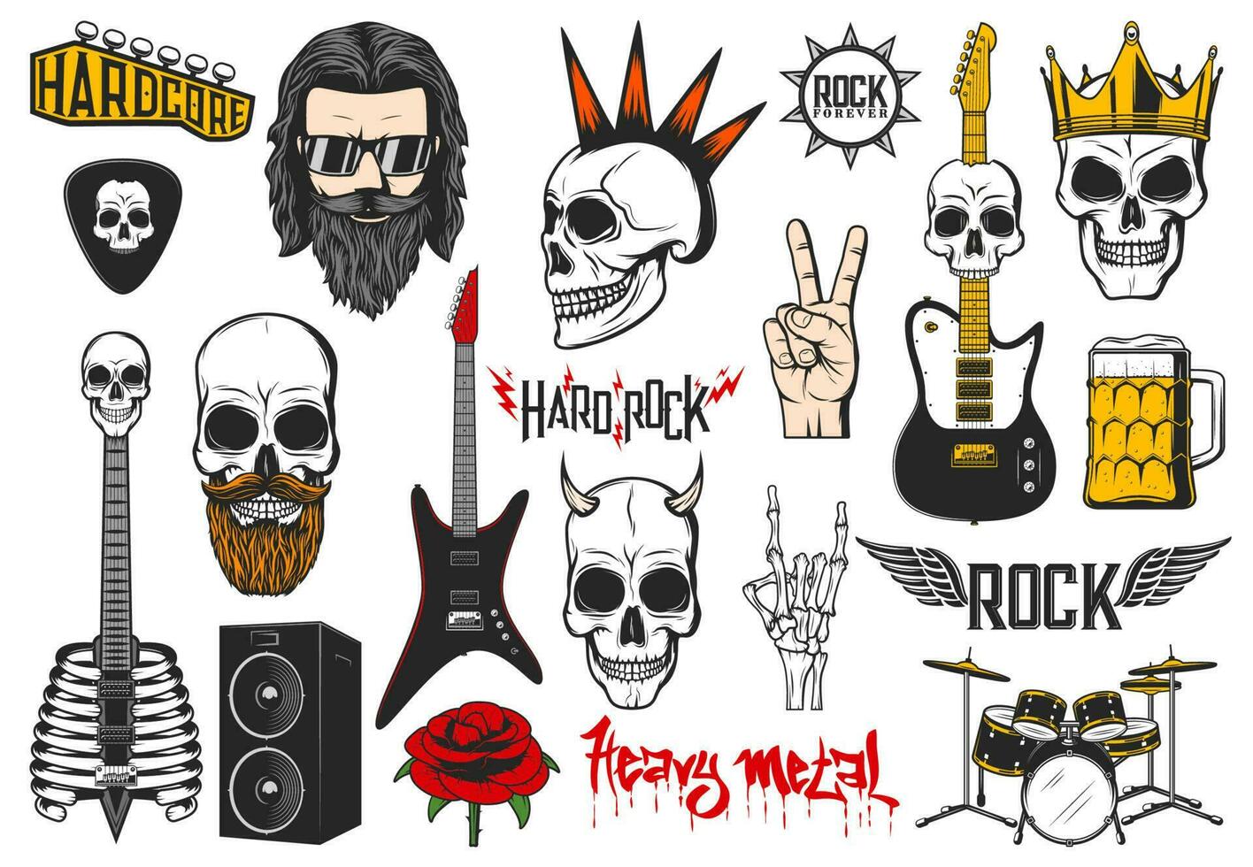 Rock and punk music engraved vector icons set