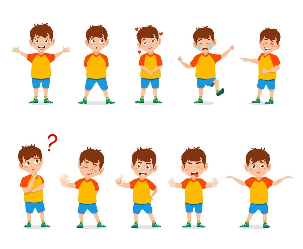 Cartoon boy, different emotions and expressions vector