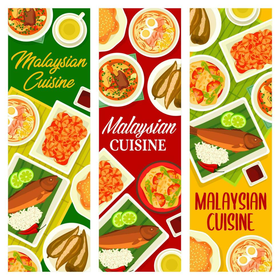 Malaysian cuisine meals and dishes banners vector