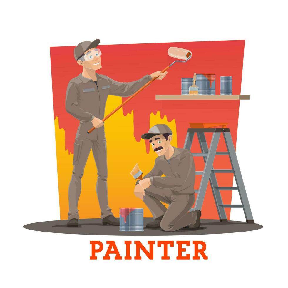 Painters painting wall, painting service workers vector