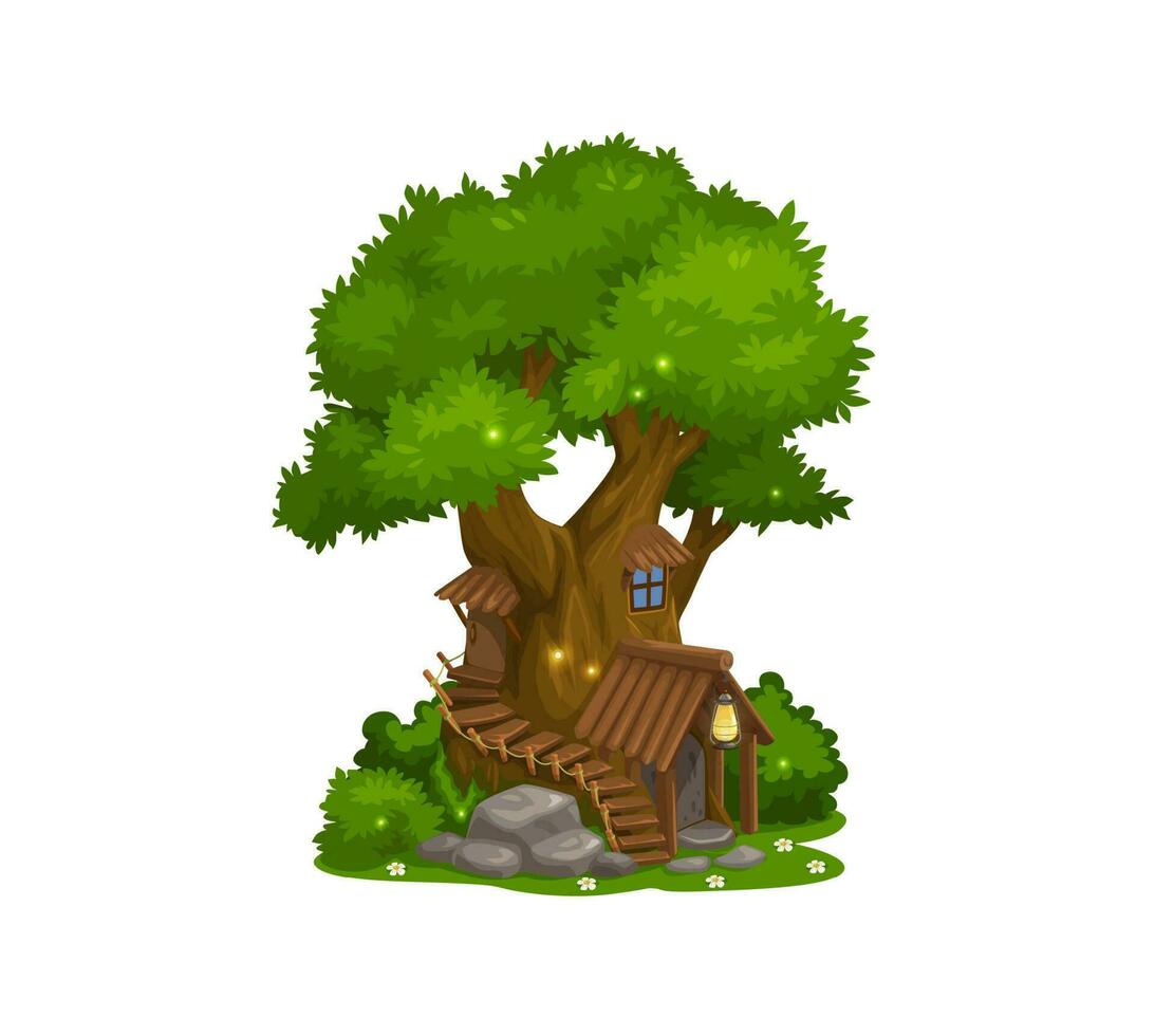 Fairy house of dwarf gnome, elf home tree cartoon vector