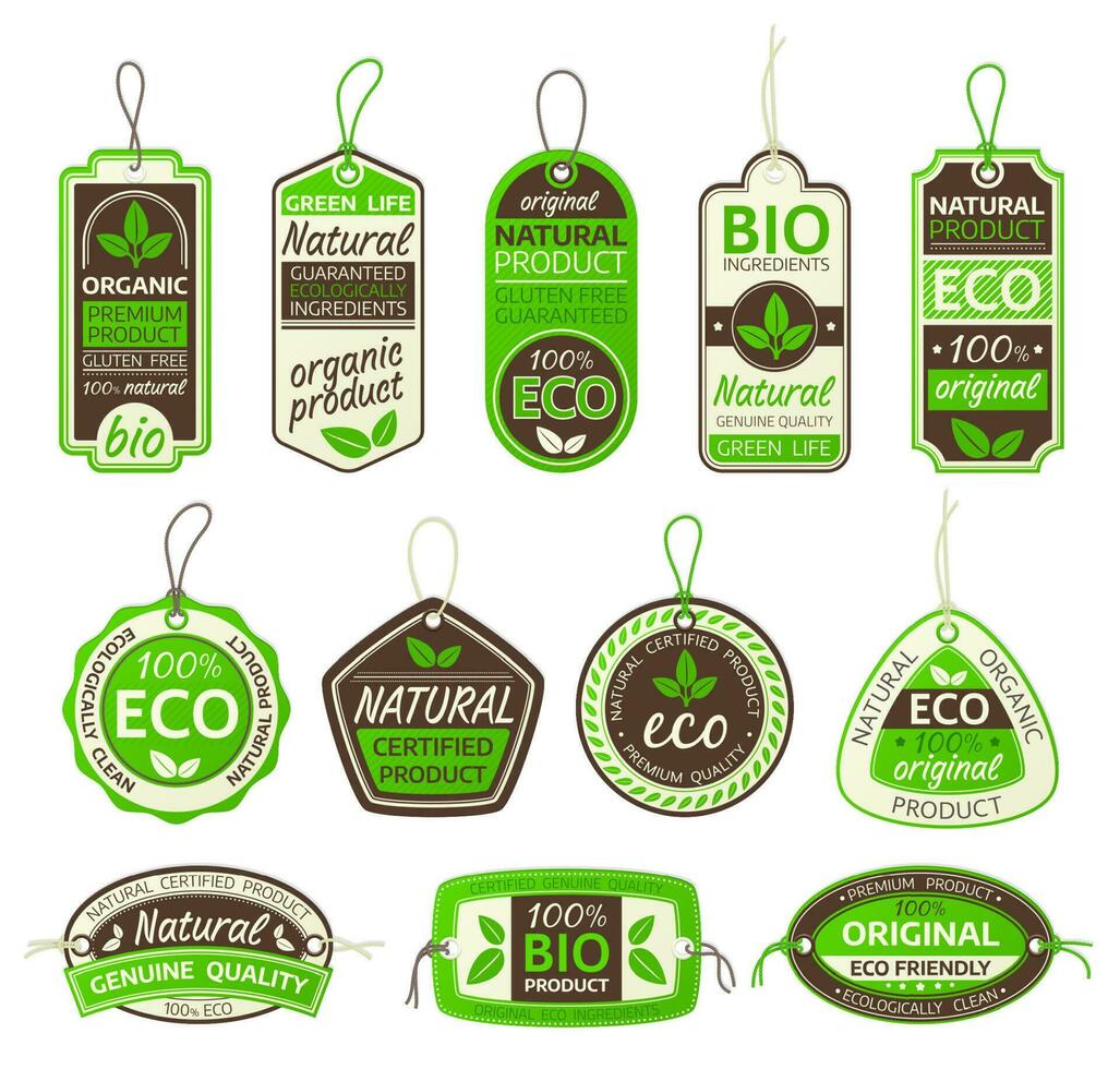 eco productos, bio comida etiquetas, orgánico gluten gratis vector