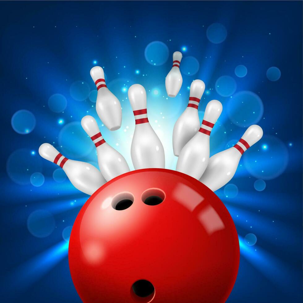 Bowling ball strike in pins 3d realistic vector