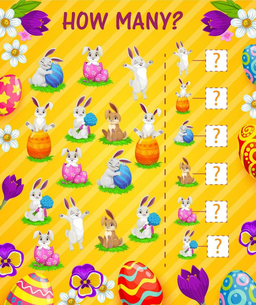 Counting kids game, how many Easter eggs, bunnies vector