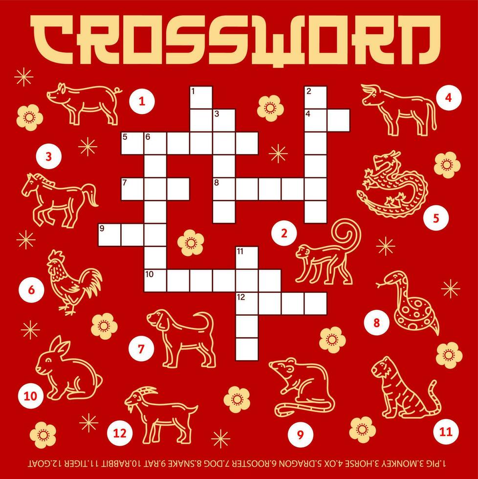 Chinese horoscope animals, crossword puzzle game vector
