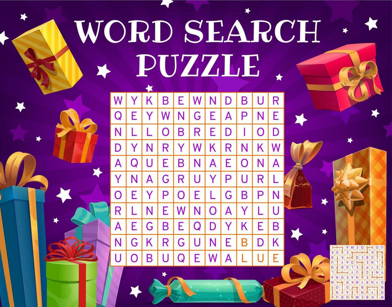 Birthday, Christmas gifts word search puzzle game vector