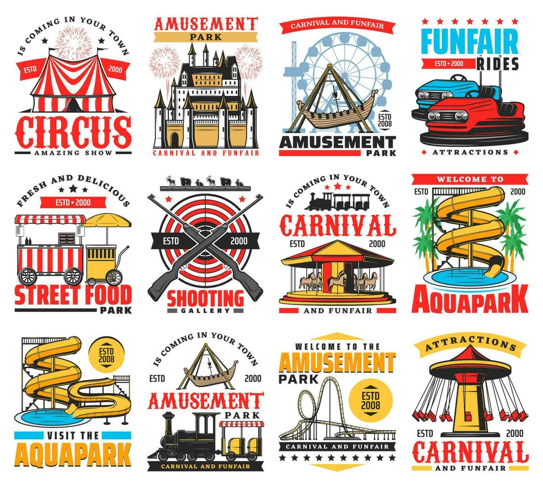 Amusement park icons, funfair carnival rides vector