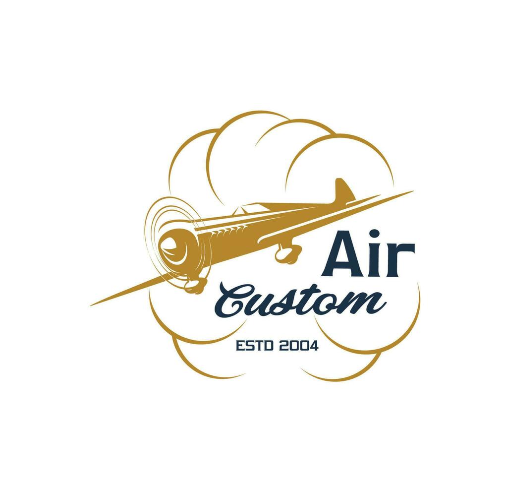 Flying airplane in sky clouds, plane custom icon vector