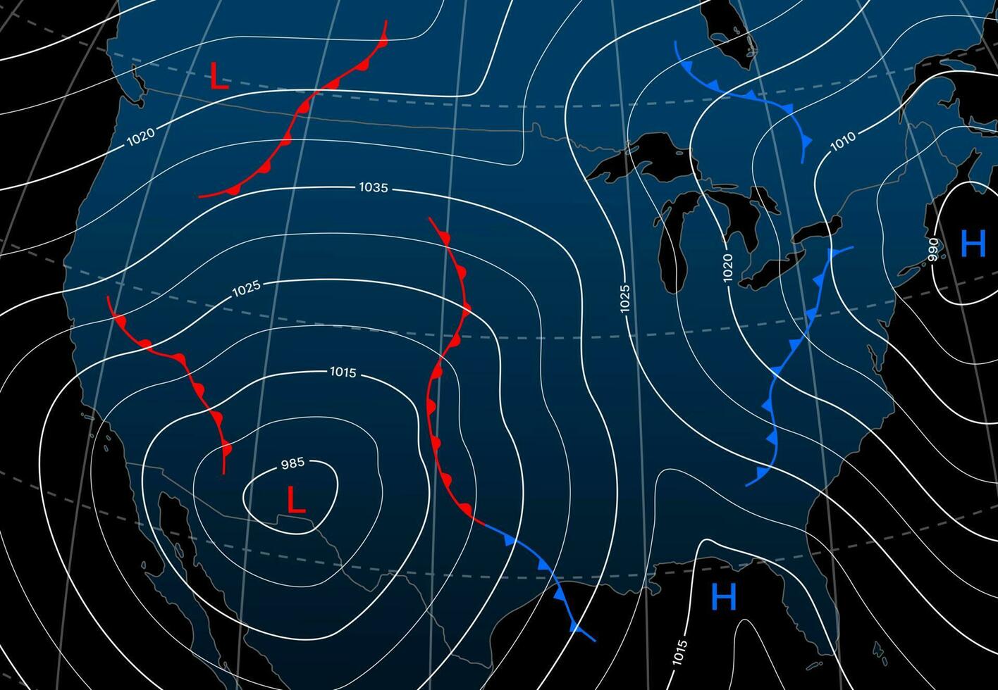 Forecast weather isobar night map of North America vector