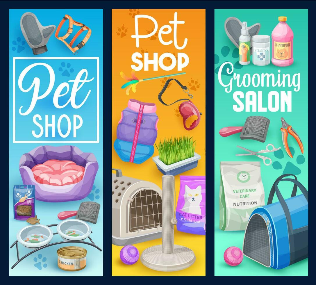 Cat and kitten care, pet shop and grooming salon vector