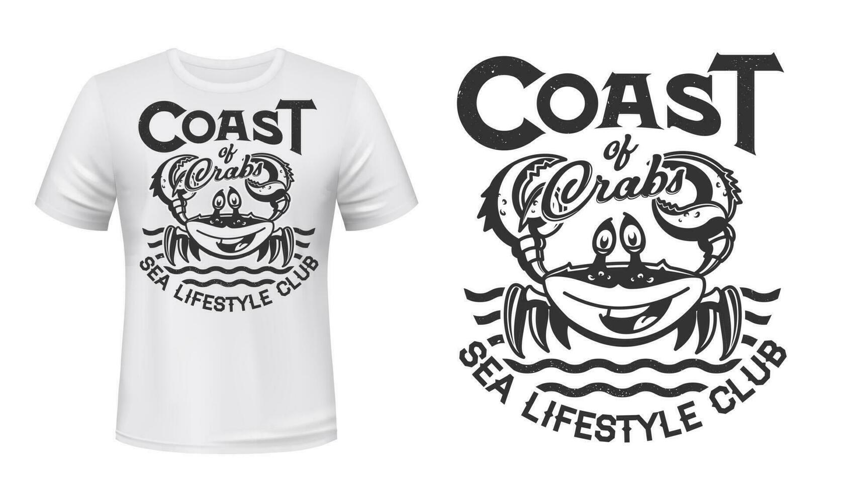 Crab t-shirt print mockup, sea waves, marine club vector