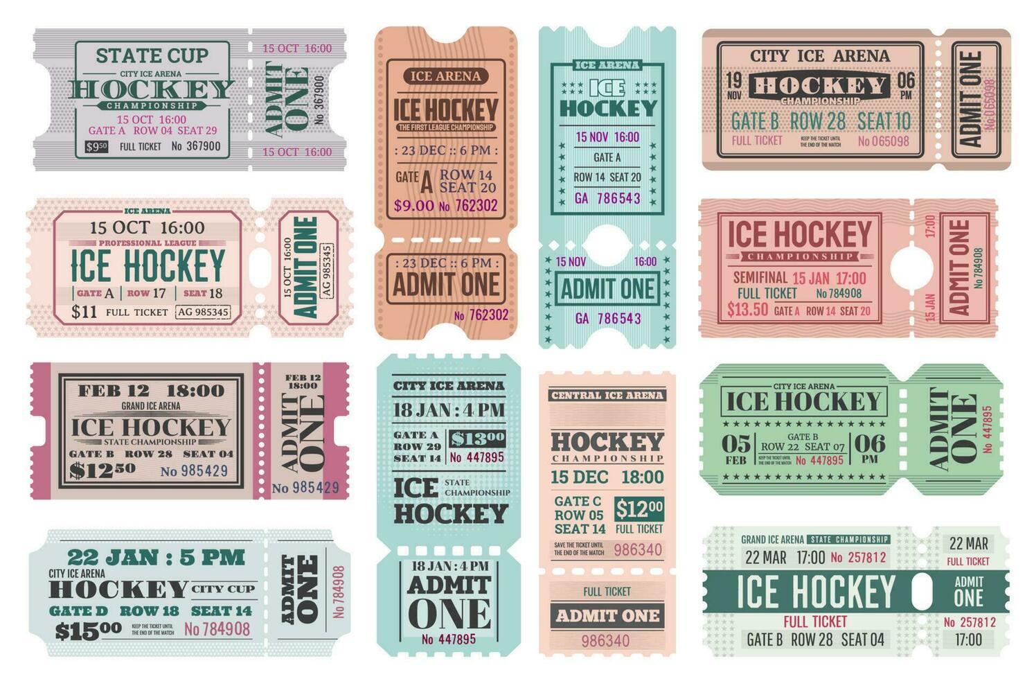 Ice hockey admit tickets, sport game tournament vector