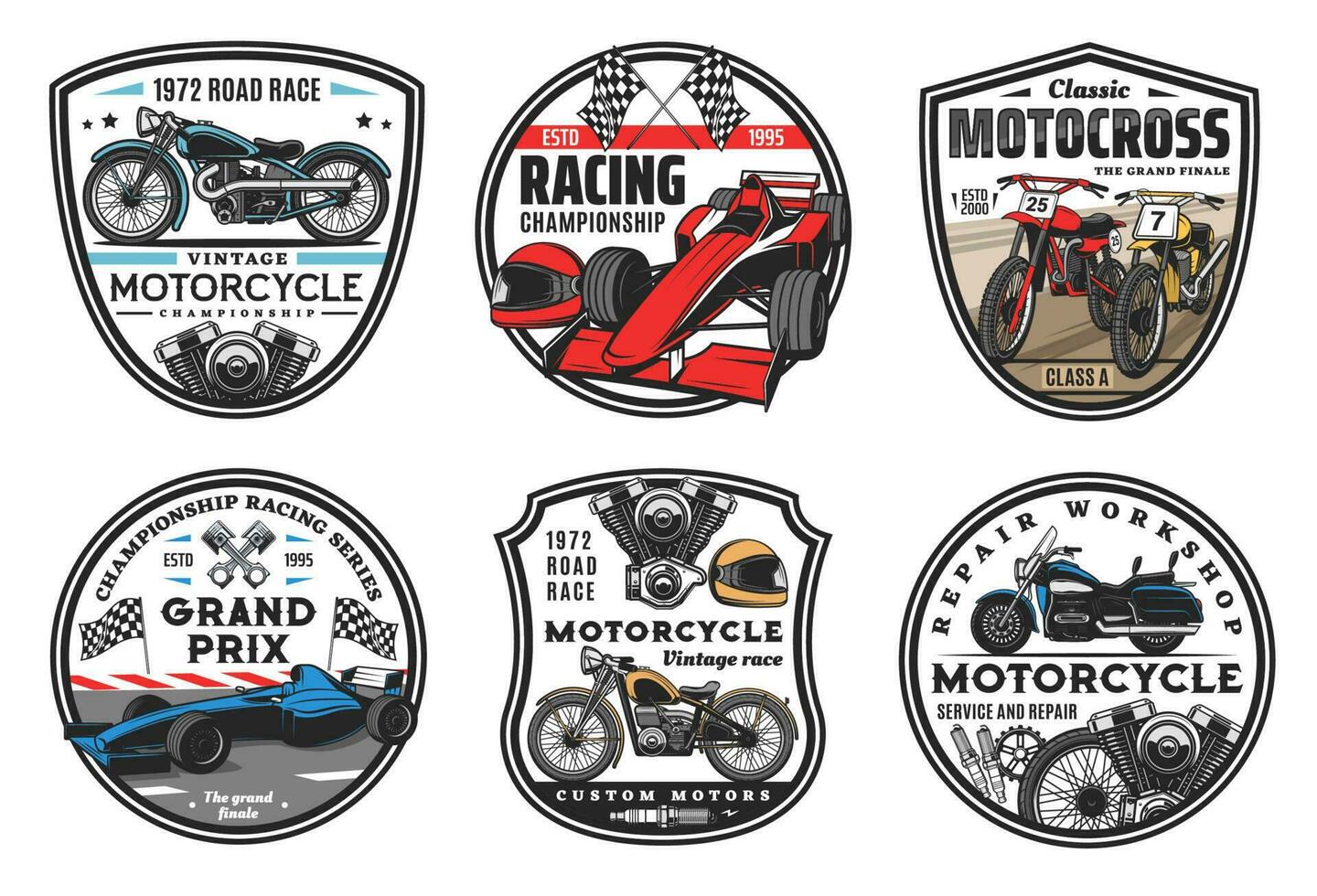 carreras deporte iconos, motocross y carros Razas vector