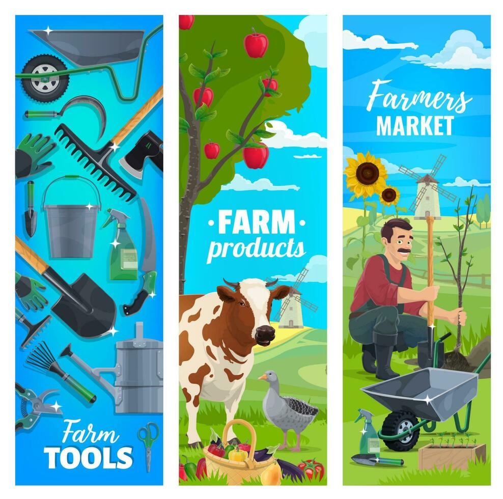 Cattle farm, farmer tools and farming products vector