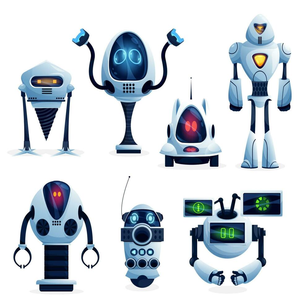 robot, futuro androide y larva del moscardón dibujos animados caracteres vector