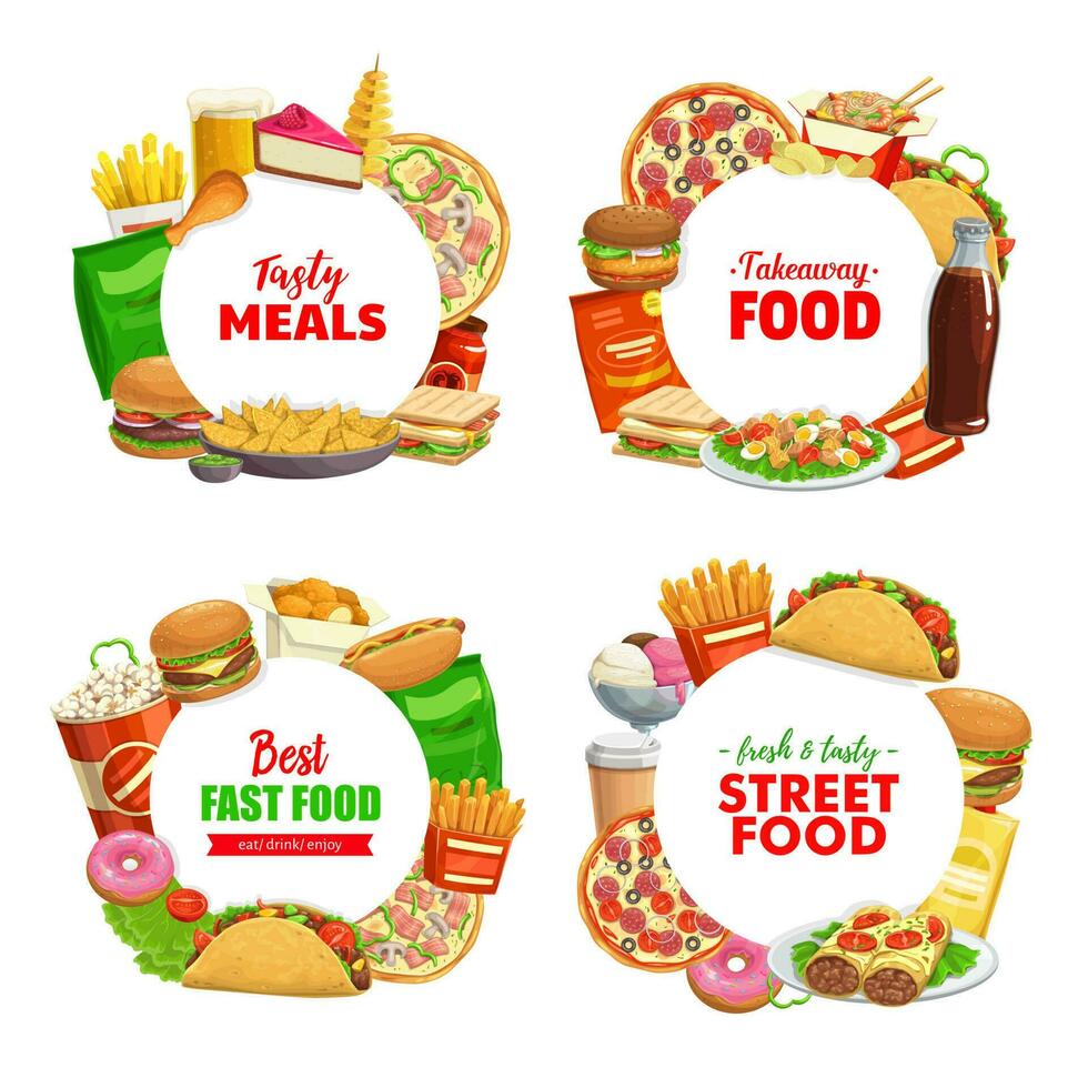 Fast food round banners vector cartoon frames set