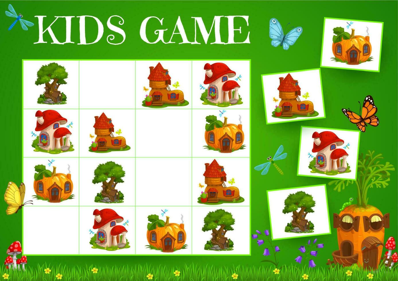 Sudoku game fairy houses of elves and gnomes. vector