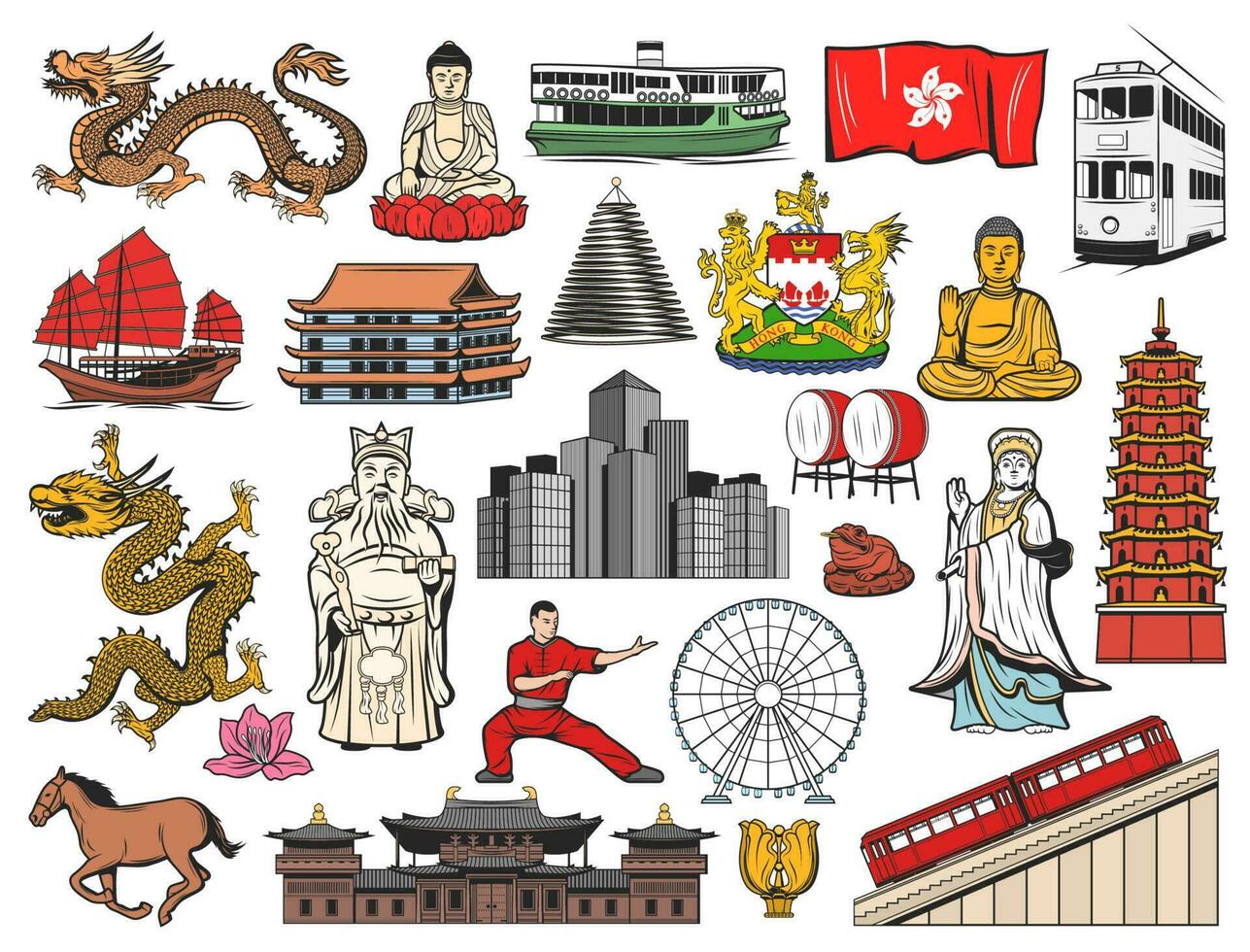 Hong Kong and China travel isolated icons vector