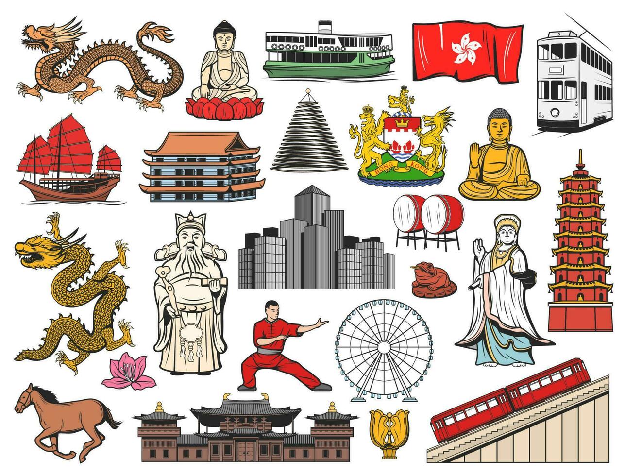 hong kong y China viaje aislado íconos vector