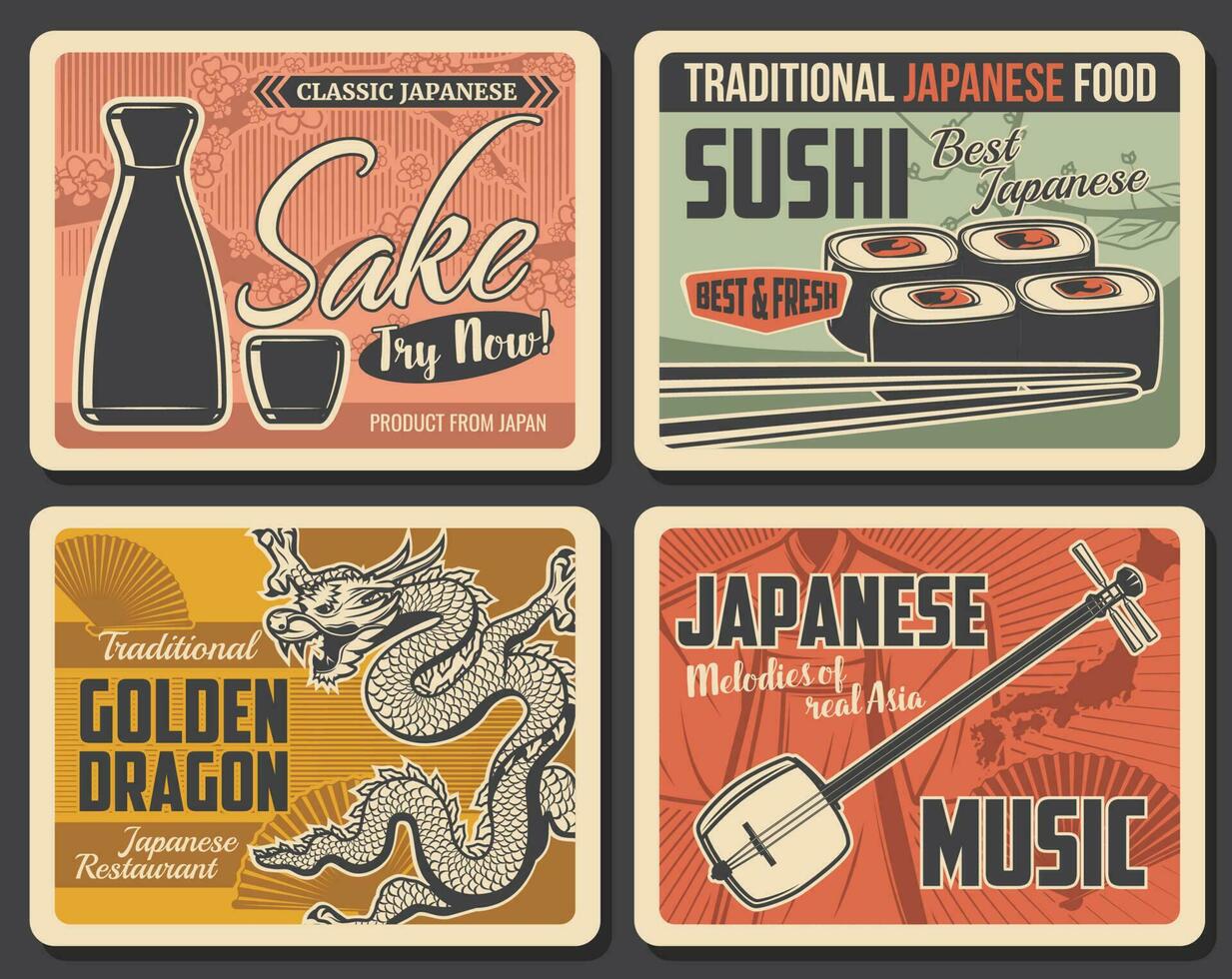 Japanese food restaurant and music retro banners vector