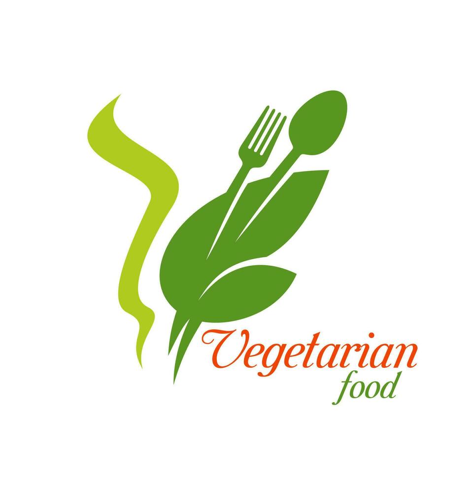 vegetariano comida icono de cuchara, tenedor y verde hoja vector