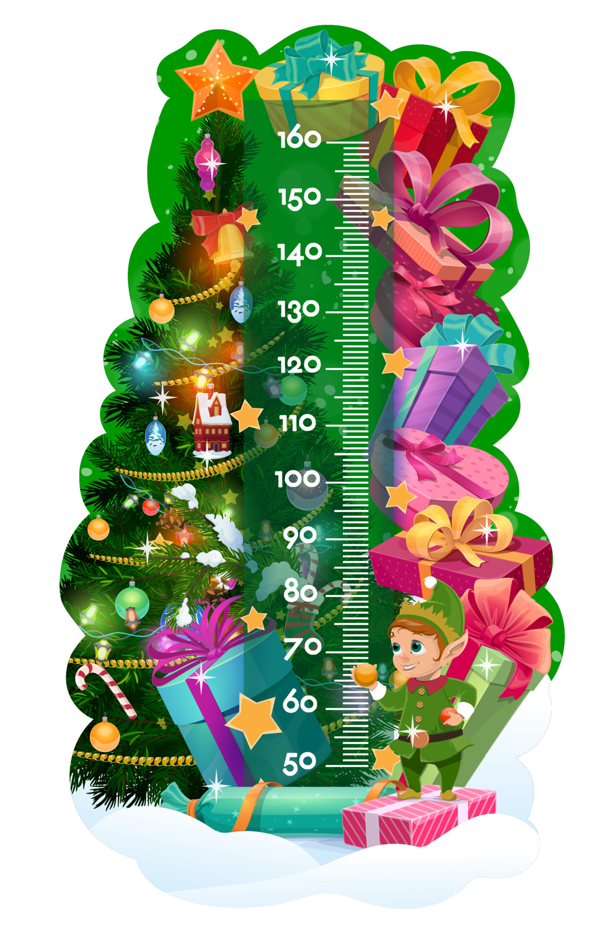 Kids height chart, Christmas tree, gifts, cute elf 23542850 Vector Art