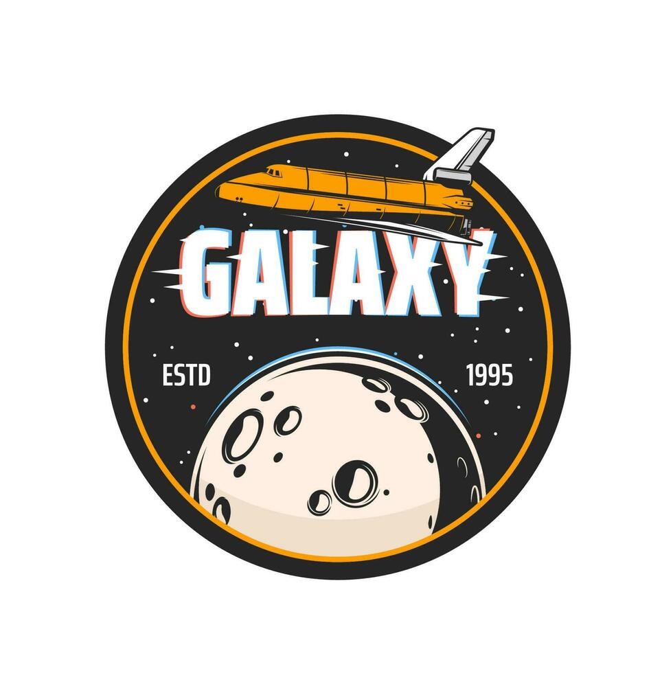 Galaxy explore spaceship icon with glitch effect vector