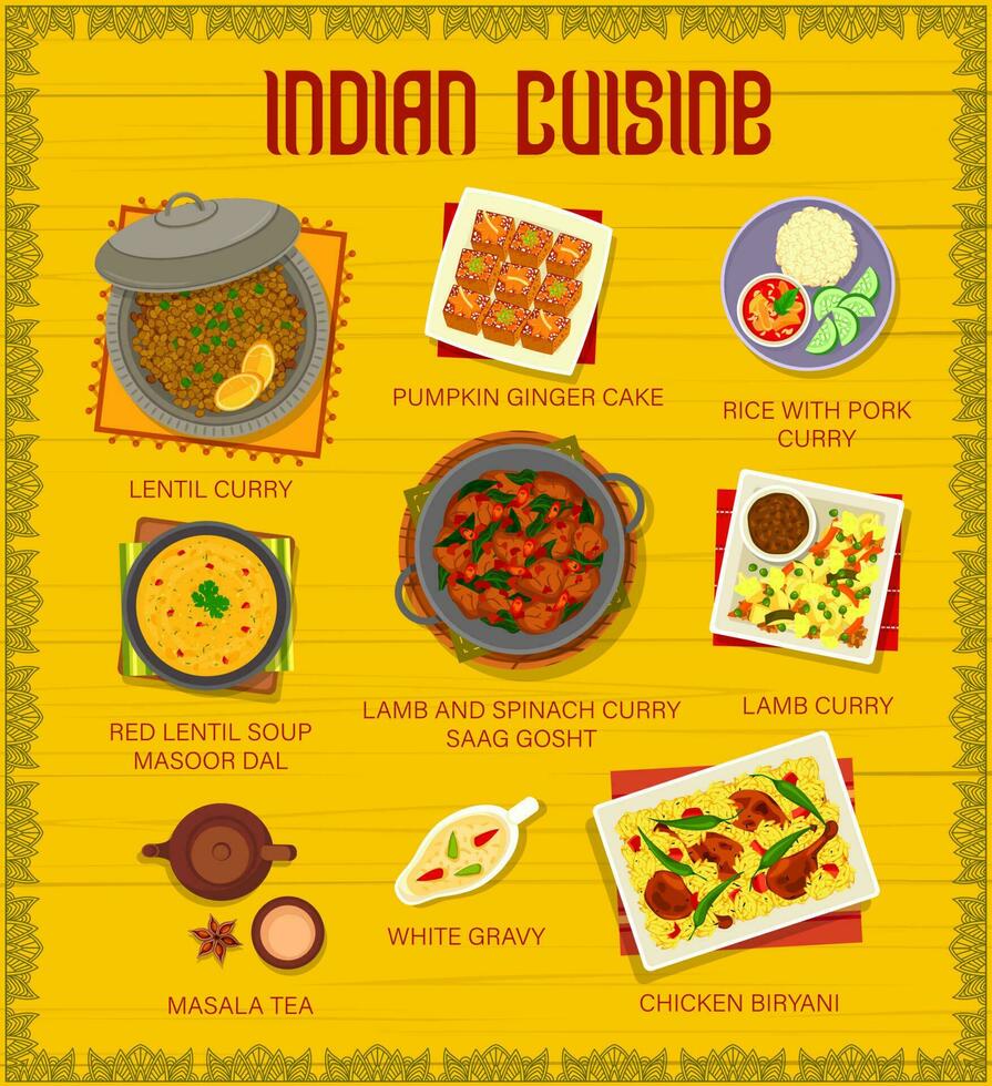 Indian cuisine restaurant meals menu page template vector