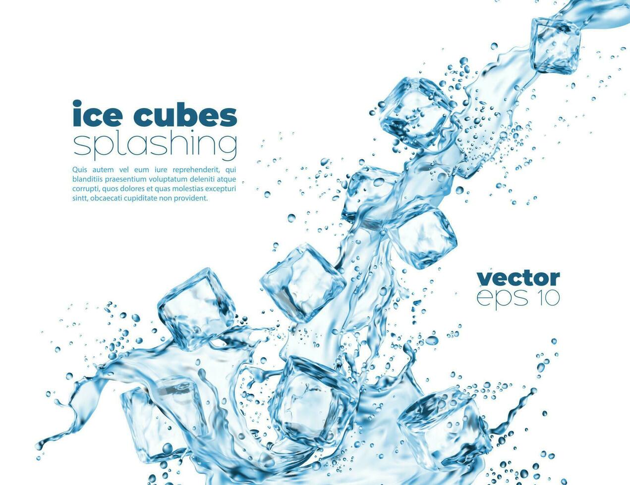 Blue water wave cascade splashes and ice cubes vector