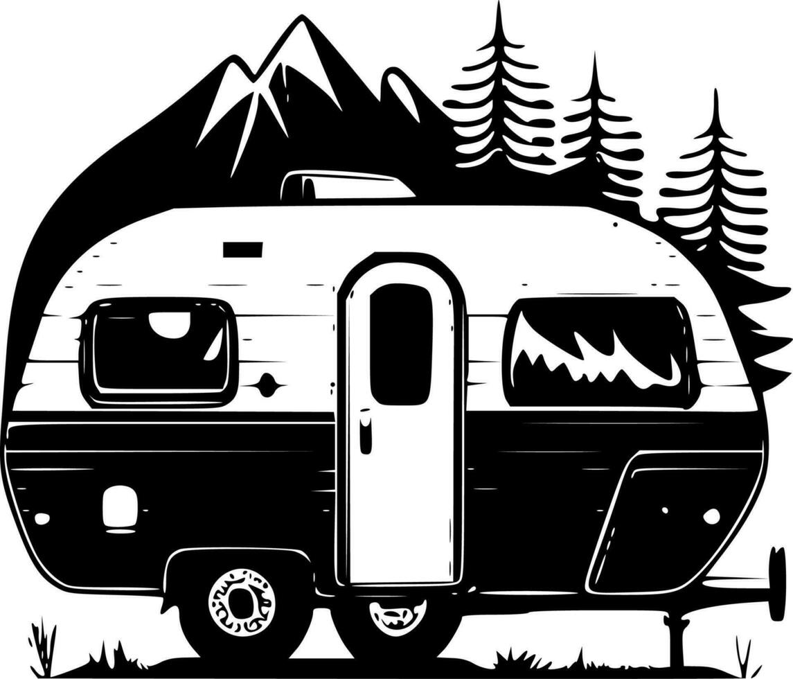 Camper, Black and White Vector illustration